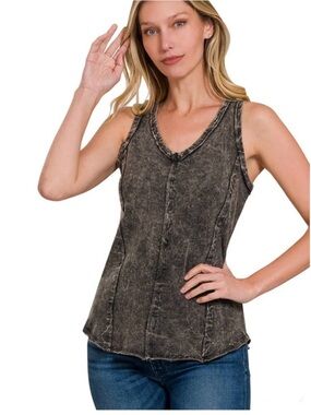 Zenana Outfitters Washed Black V-Neck Tank